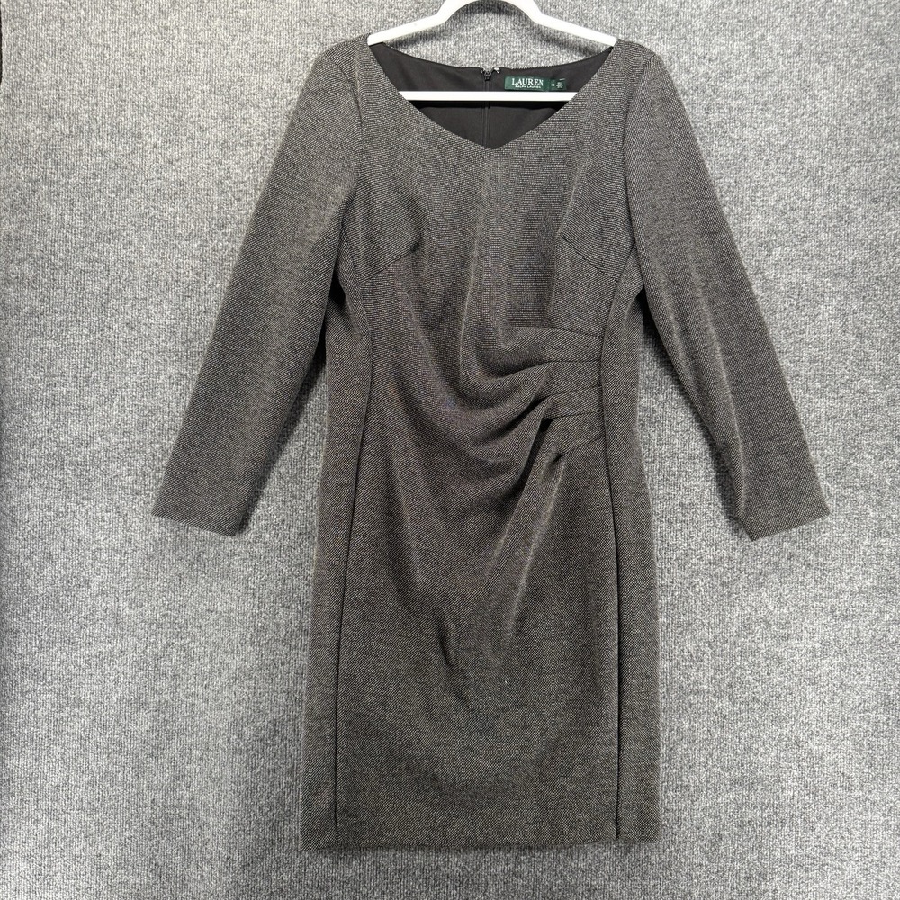Lauren Ralph Dress Size 14 Gray Ruched Sheath 3/4 Sleeve Office Career Old Money